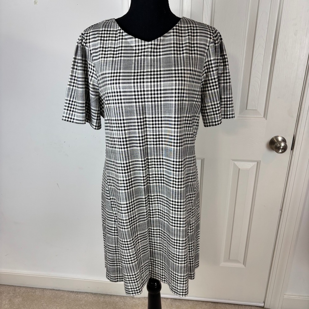 Zara Woman Black White Plaid Short Sleeve Shift Dress XL Round Neck Back Zip